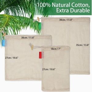 Reusable cotton mesh produce vegetable fruit drawstring sacks bags